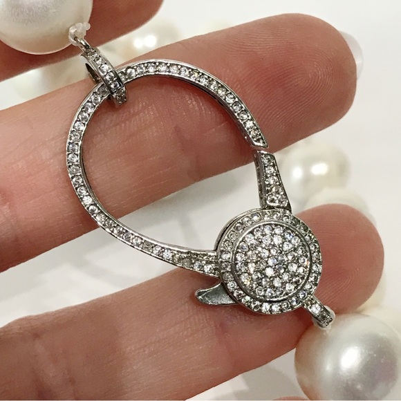 Real 14mm Pearl Necklace Large CZ Clasp Pave Crystal 21" Hand Knotted Chunky VTG - Picture 9 of 15